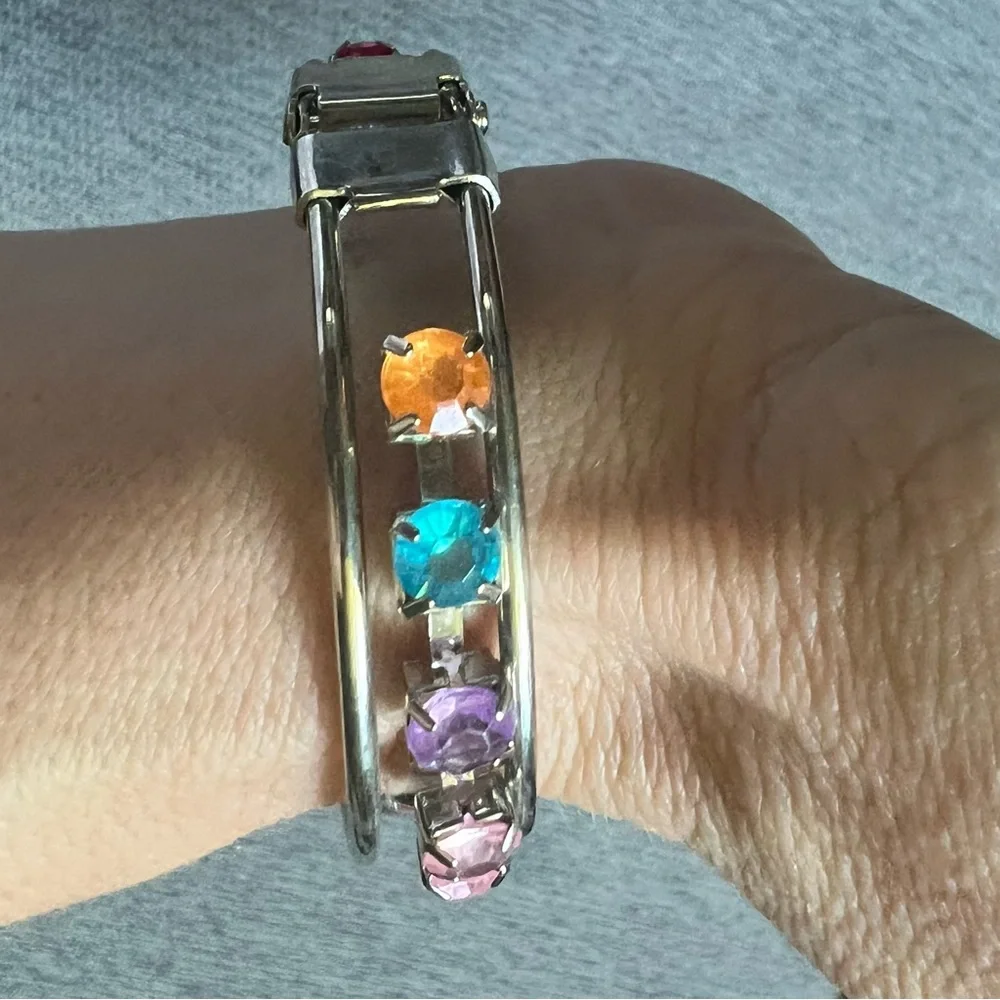 Vintage Silver Tone Hinged Cuff Bracelet Pink Heart & Multicolor Rhinestones